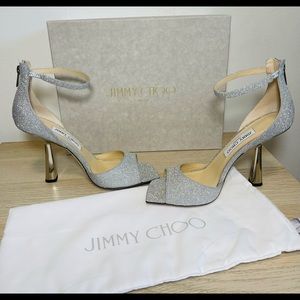 Jimmy Choo Silver Reon 100 Glitter Sandals